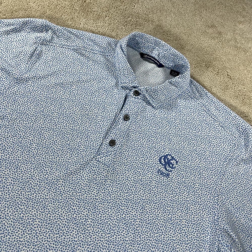 Cutter & Buck Mens XL Polo Shirt FloralLeaf Print Blue Capital City Country Club
